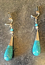 Vintage Large Silver & Pear Turquoise Gemstone Drop Clip-On Earrings / Hand Made