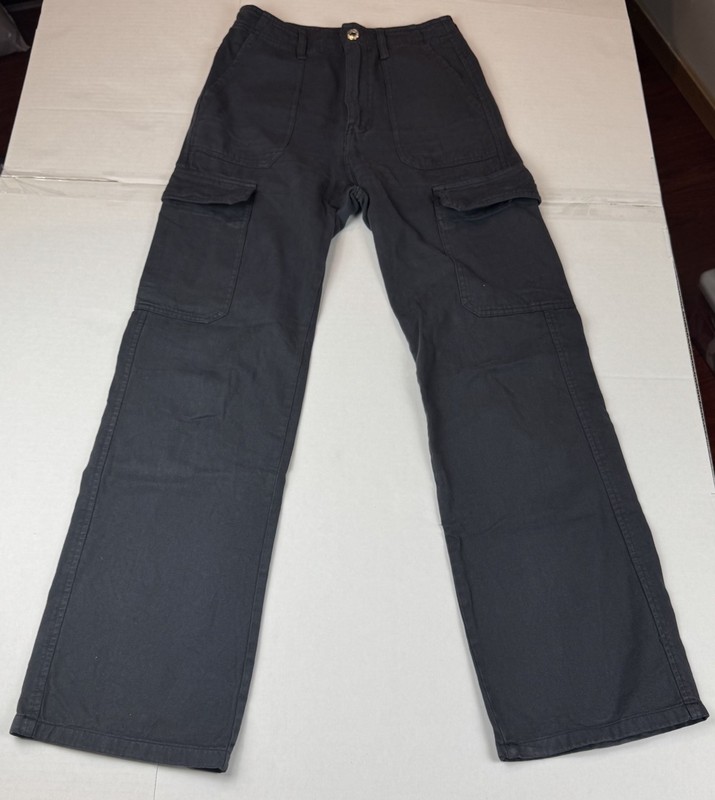 ZARA Women’s Dark Grey Cargo Pants Size 2 Straight Leg, Twill Button & Pockets