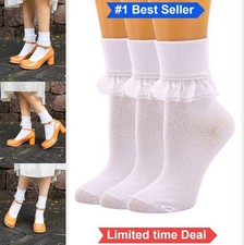Women Lace Ruffle Frilly Ankle Socks 3 Pairs Cotton Spandex Turn Cuff Ladies