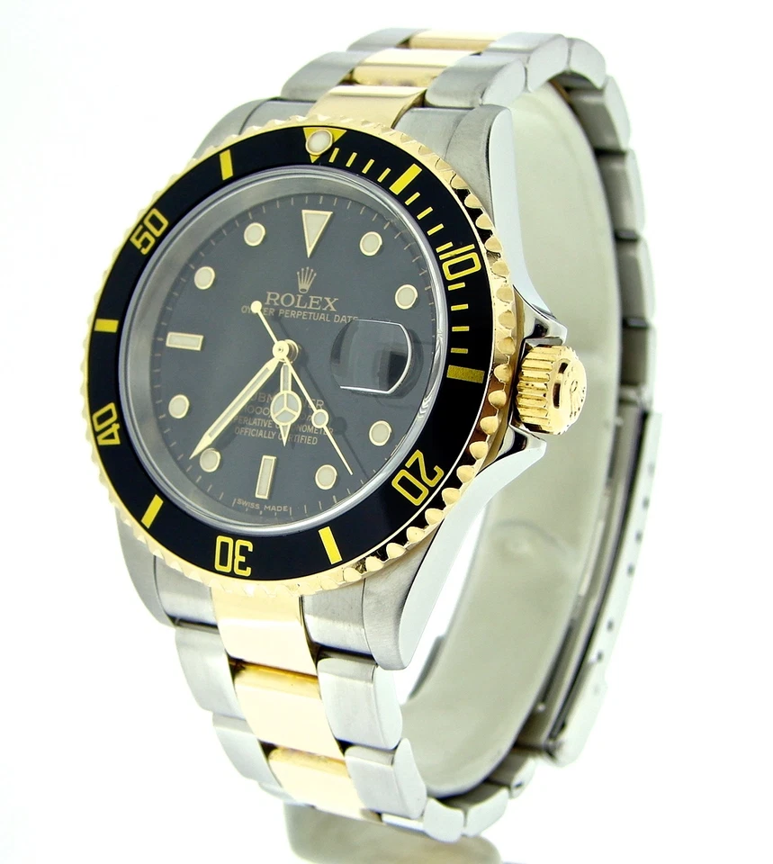 Rolex Submariner Para Hombres Oro 18k y Acero Reloj Negro Fecha Sub Sin Agujeros SEL 16613T
