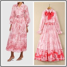 Women Elegant Temperament Lapel Bow Belted Floral Print Dress A-line Long Gown