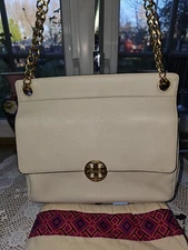 Tory Burch Chelsea Flap Leather Gold Chain Shoulder Bag Cream Color