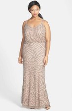 Adrianna Papell Beaded Blouson Gown Plus Sz 14W Taupe Pink