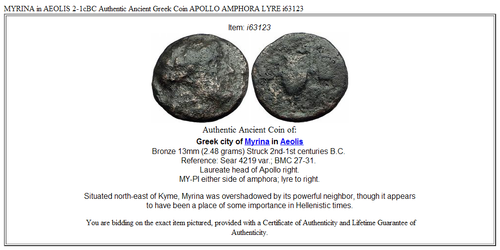 MYRINA in AEOLIS 2-1cBC Authentic Ancient Greek Coin APOLLO AMPHORA LYRE i63123 - Picture 3 of 3