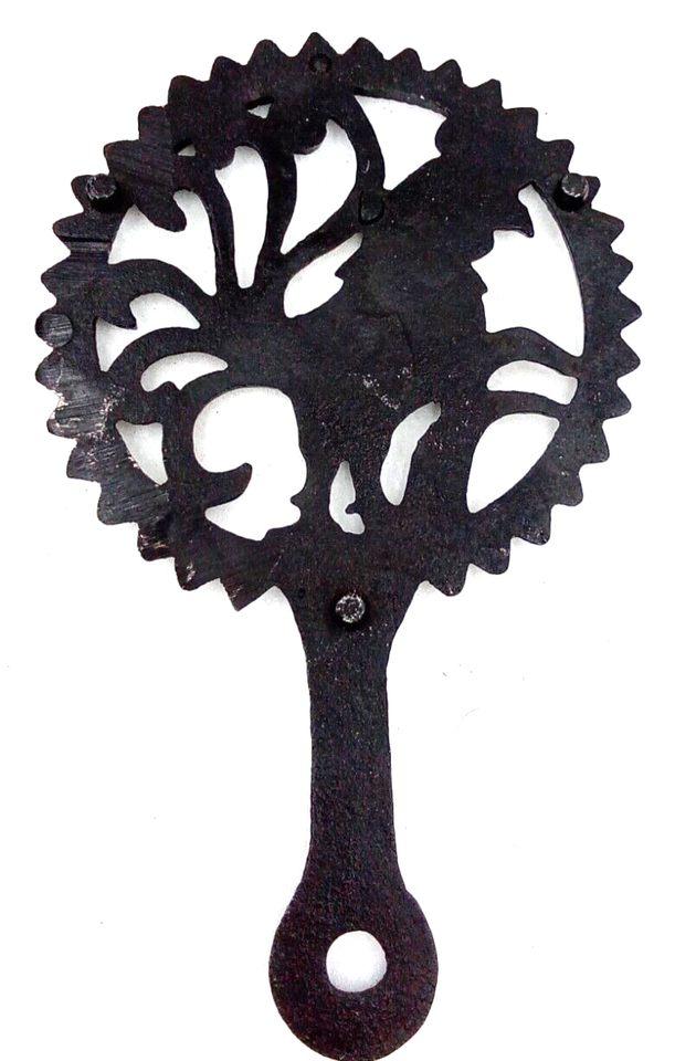 Rooster Cast Iron Trivet Handle Metal Footed Black Hang Round Feather