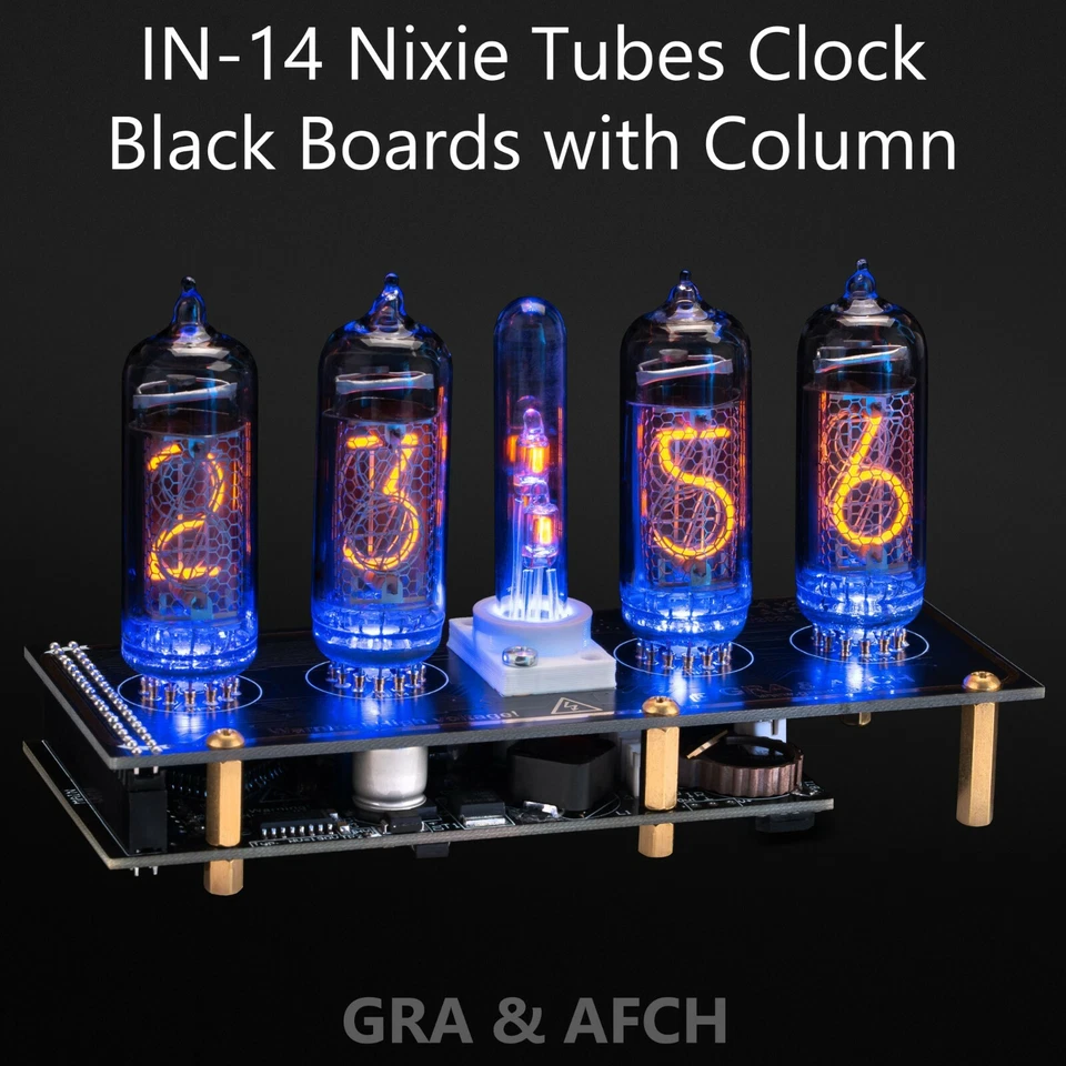 GRA & AFCH Nixie Tubes Clock IN-14 with Column and Sockets 12/24H 4 Tubes GOLDBLACK BOARDS
