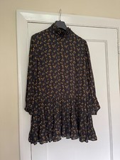 Zara Floaty Swing Smock Dress Chiffon Floral High Neck Frill size S