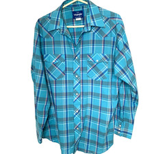 Wrangler Men s VTG Western shirt L 16-16 1/2 Pearl Snap turquoise blue plaid