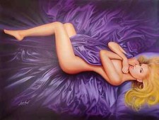 PINUP ARTIST JON HUL ORIGINAL ACRYLIC PAINTING UNDER THE SHEETS LARGE ON CANVAS