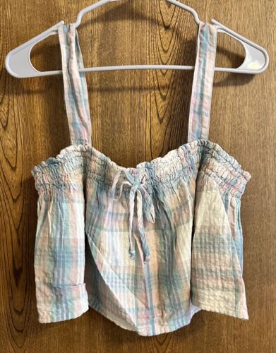 American Eagle AEO Tank Top Womens Medium Crop Plaid Blue Cotton Linen Madras