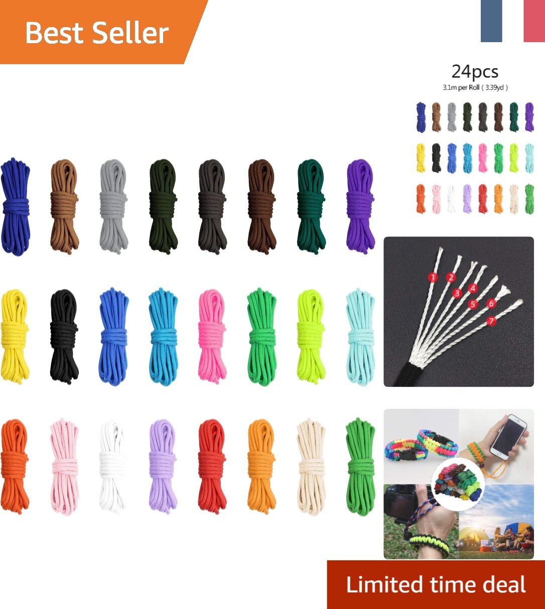 Paracorde multicolore idéale pour le tressage de bracelets et le camping en plein air