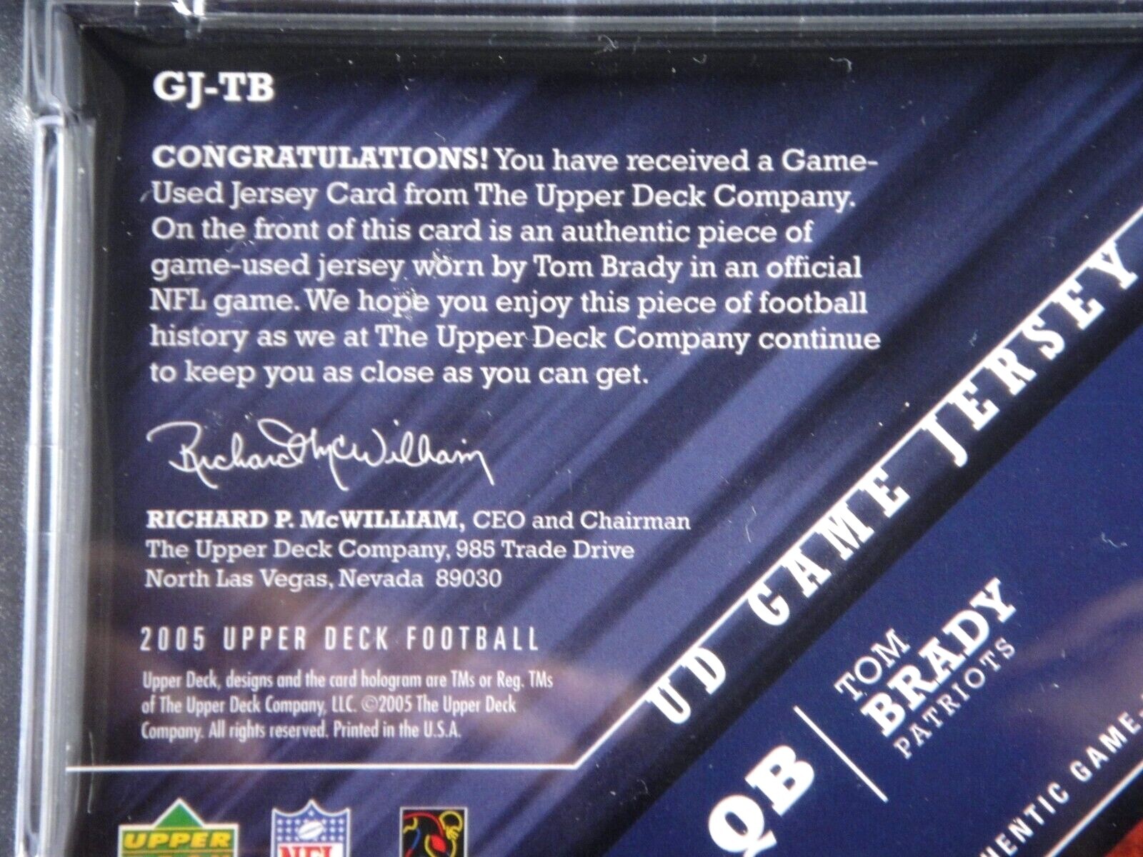 TOM BRADY 2005 UPPER DECK UD GAME WORN USED JERSEY PATCH PSA 7 PATRIOTS GOAT view 3