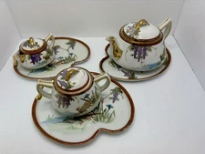 VINTAGE Eggshell Japanese Tea Set signed  HAND PAINTED ACCENTS Stunning!