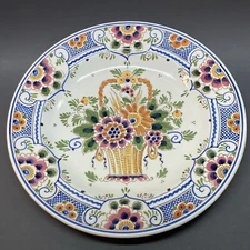 De Delftse Pauw Hand Painted Floral Basket Porcelain Wall Plate Signed Vintage