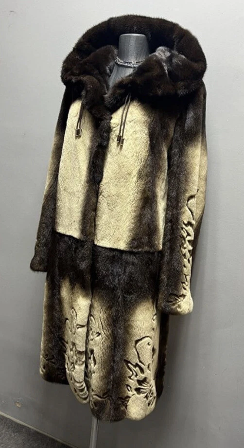 Saga Furs Royal Mink Sheared And Unsheared Mink Hooded Designer Coat Sz M 6500