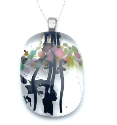 Kunstglas Anhänger Halskette Frühling Blumen Sterling Silber 925 Italien Kette 18'' 