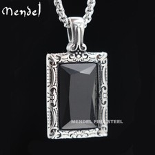 MENDEL Stainless Steel Mens Hip Hop Black Obsidian Stone Pendant Necklace Men