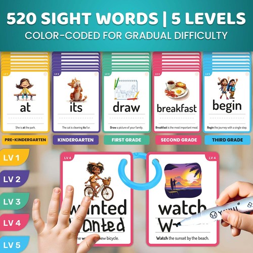 520 Sight Words Flash Cards for Kids - 5 Levels from Pre-K to 3rd Grade - Picture 2 of 7