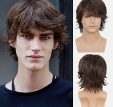Men Short Brown Wig Natural Fluffy Synthetic Hair Wig Heat Resistant for Cosplay
