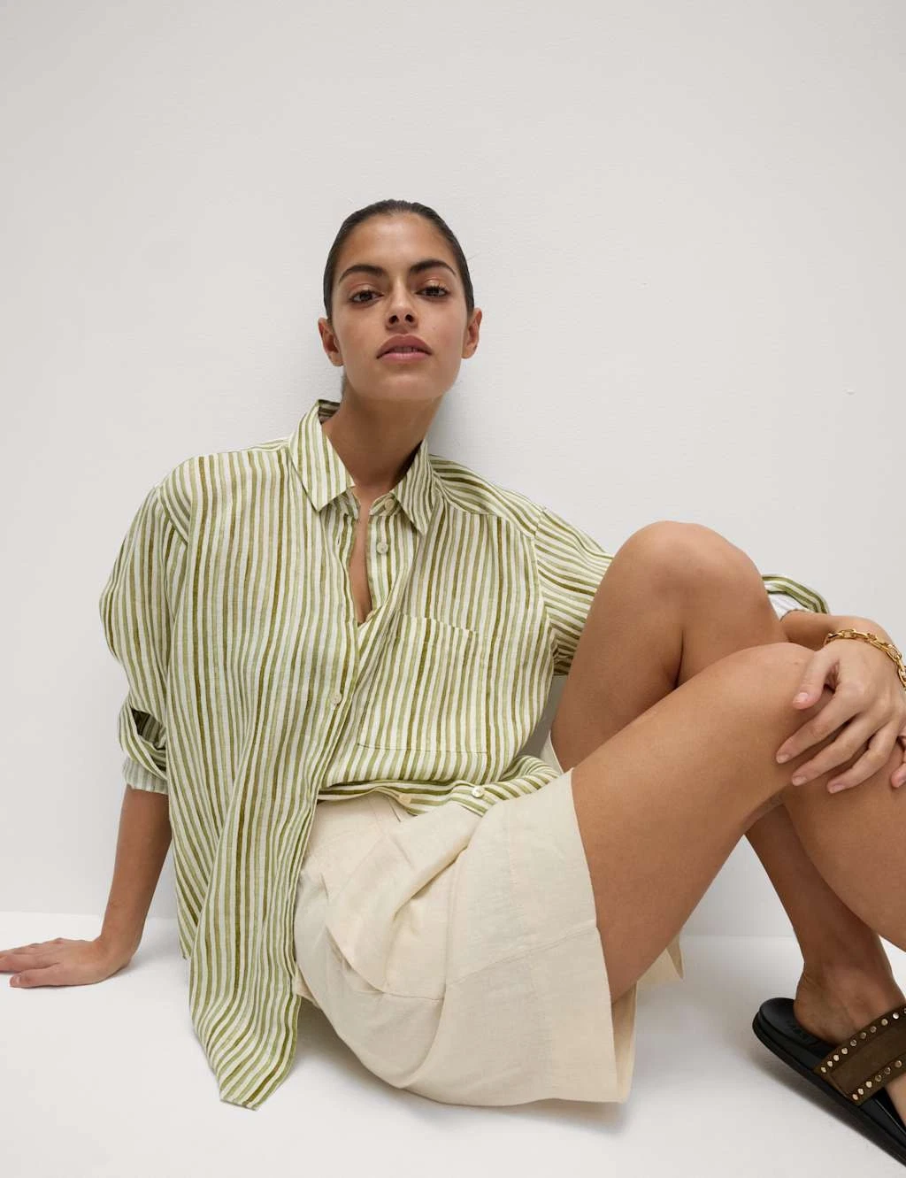 Marks & Spencer Womens Linen Long sleeved Striped Shirt in Bright Sage - M&S
Opens in a new window o