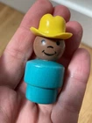 Vintage Fisher-Price Little People Cowboy Wooden Blue Body Yellow Hat 1963-1996