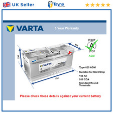 AGM Car Battery A4 Varta 020 AGM 950A 105Ah 5Yr Warranty 394x175x190 Start Stop