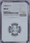 1943-D Lincoln Cent 1c NGC MS67