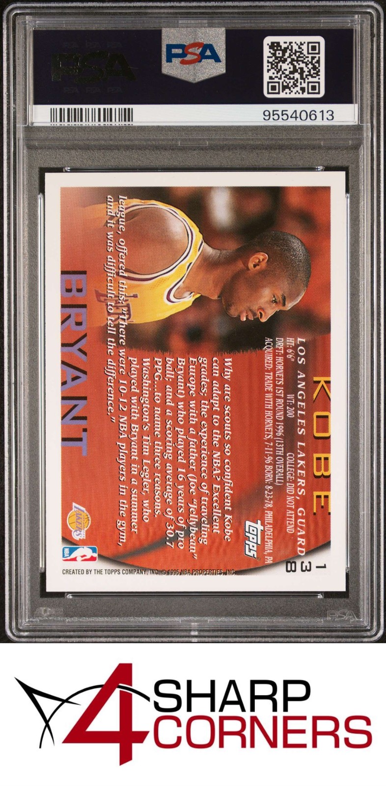 1996 TOPPS #138 KOBE BRYANT RC LAKERS HOF PSA 10 view 2