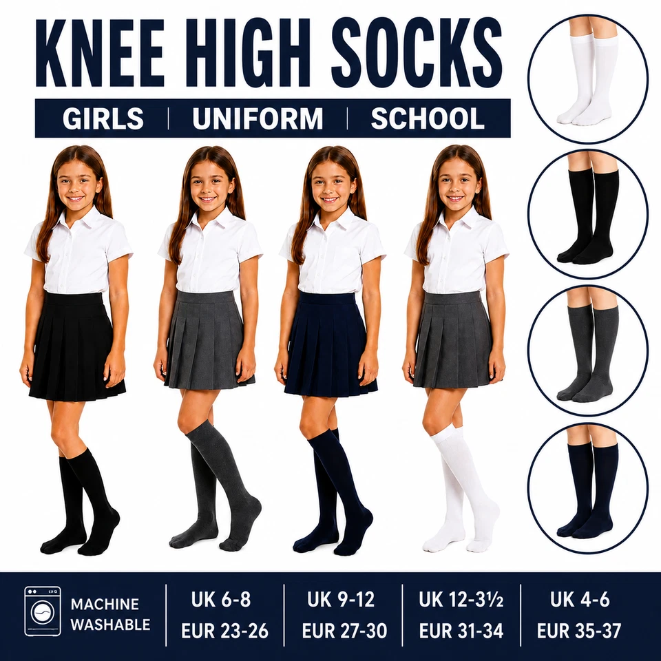 Chaussettes Hautes Jusqu’au Genou Filles École Noir Lot De 2 4 6 Paires - Photo 1/4