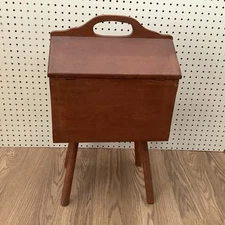Vintage 25” Tall  Wood Sewing Storage Box Caddy W/Handle Flip Top 2 Lids Read