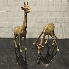 VTG Brass Giraffe MCM Standing & Eating Figurines Decor Safari Set/2