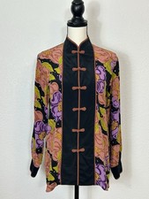 BOB MACKIE Wearable Art SILK Floral Blouse MANDARIN COLLAR CHINESE FROG KNOT