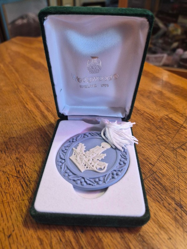 Wedgwood England pottery 1980s candlestick relief 2 1/2" Christmas ornament &box