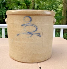 Antique 3 Gal Cobalt Salt Glaze Stoneware Crock Applied Handles