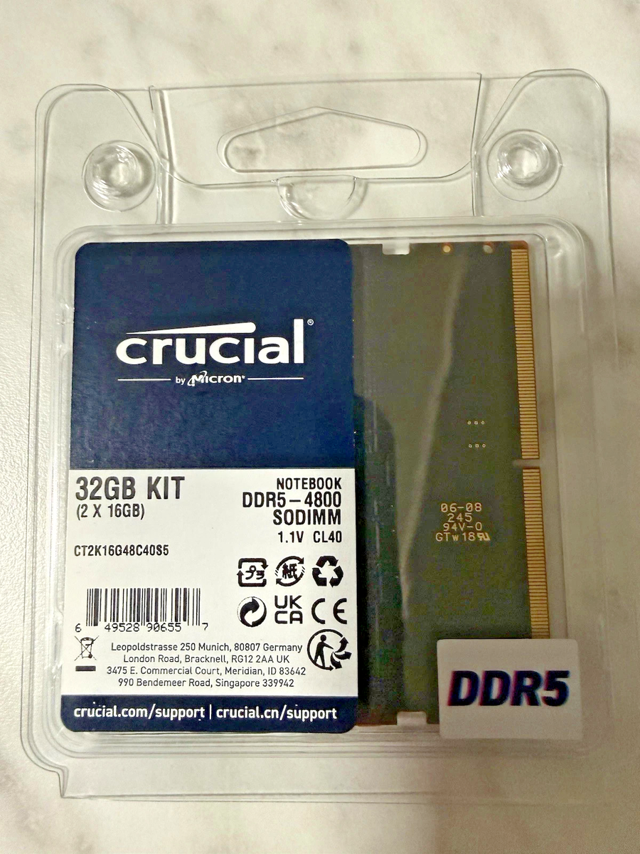 New Crucial 32GB DDR5-4800 SO-DIMM Laptop Memory Modules (2x16GB