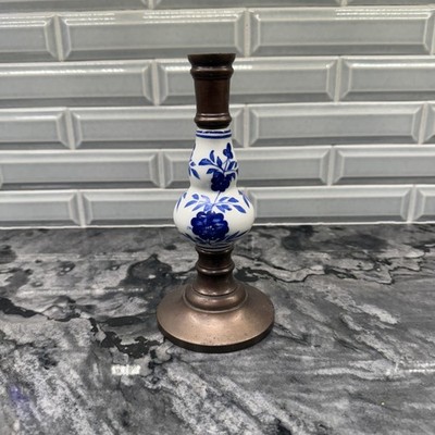 Vintage Bronze Candle Holder, Delftware Blue & White Porcelain from Netherlands