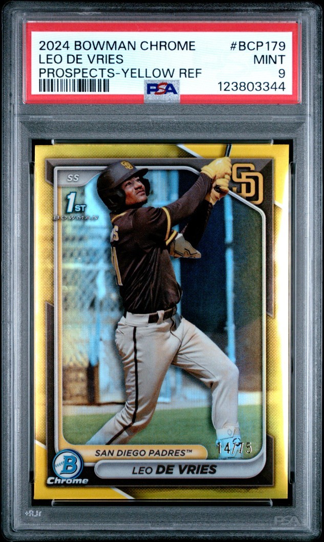 2024 Bowman Chrome LEO DE VRIES 1st Rookie RC TRUE YELLOW REFRACTOR #/75 - PSA 9