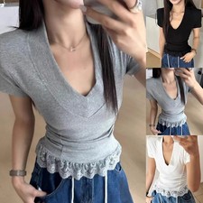 Women Summer V Neck Lace Shoulder Pad T Shirt Casual Vintage Fashion Top