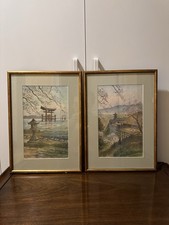 Pair Vintage 1900s Japanese Watercolors Signed Harumitsu Framed Kew Gallery NY