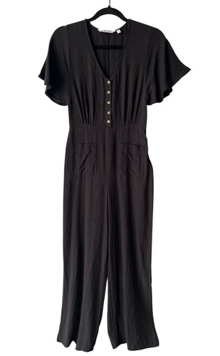 & Other Stories Black V-Neck Short Sleeve Wide Leg Jumpsuit Sz 2 S Pockets