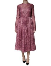 Dolce & Gabbana Pink Floral Lace Long Sleeve Midi Women's Dress Authentic