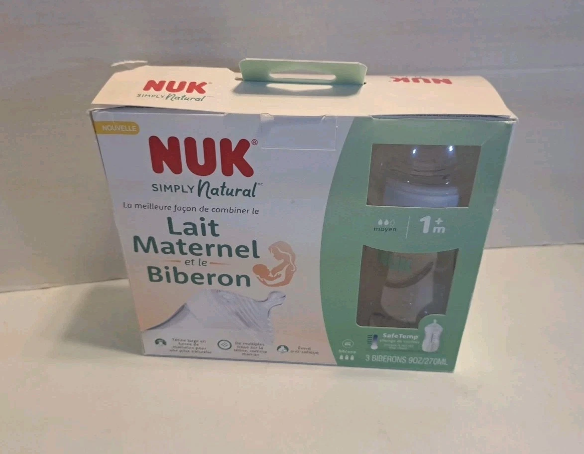 NUK Simply Natural Baby Bottle with Safe-Temp, 9 oz, 3-Pack, Clear
