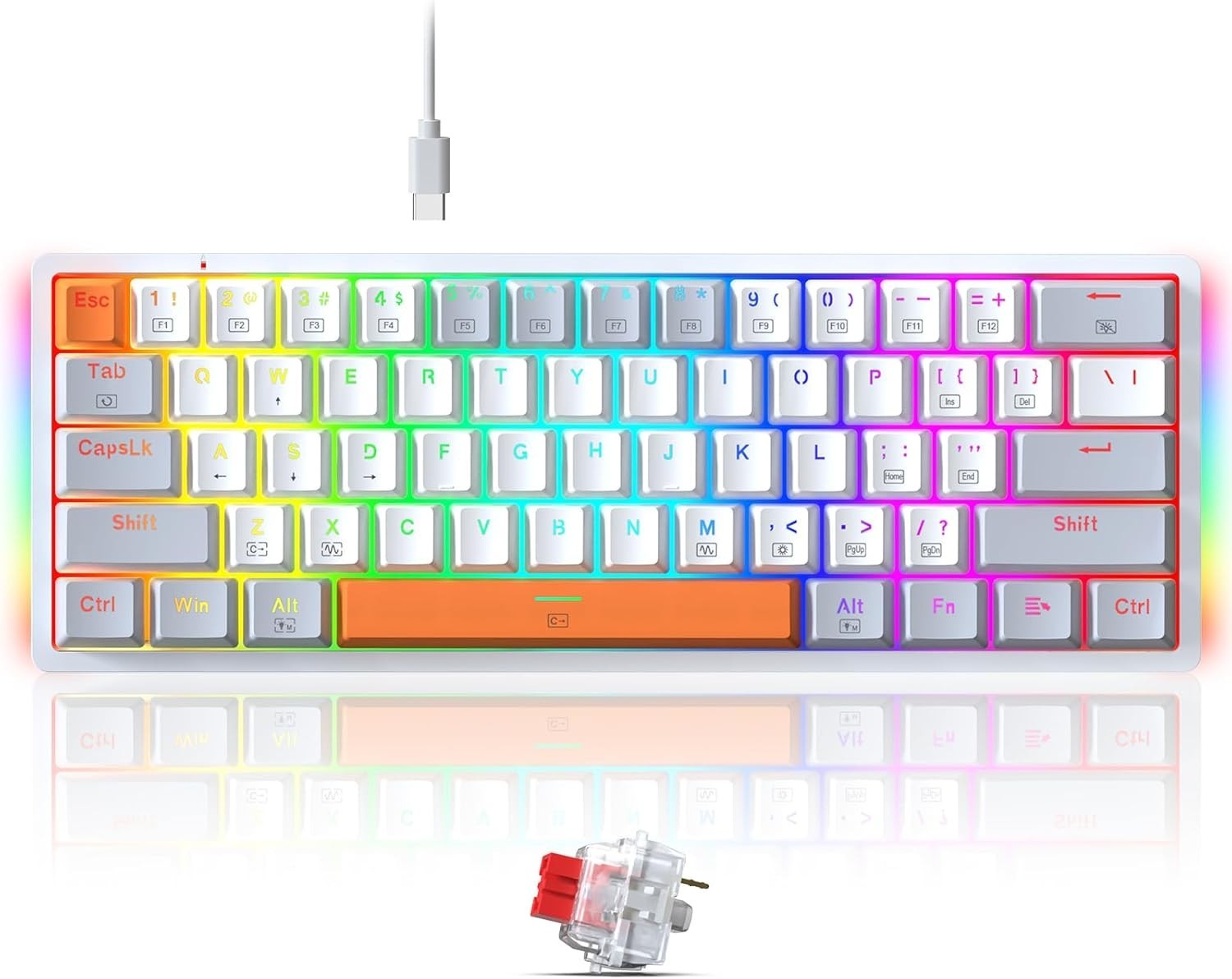 Redragon K642WGO 60% Mechanical Gaming Keyboard - Red Switch - White/Grey