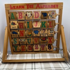 Wood Learn The Alphabet, Abacus Style Folding Educational Flip Toy Vintage