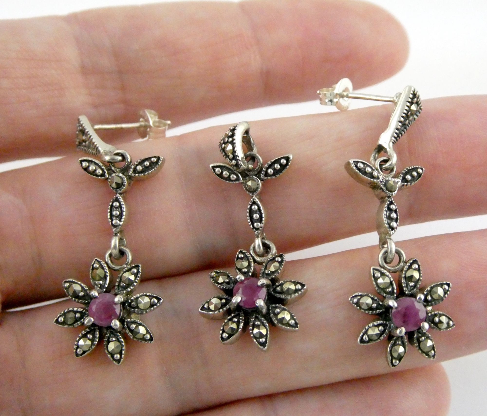 Sterling Silver Rough Pink Red Ruby and Marcasite… - image 1