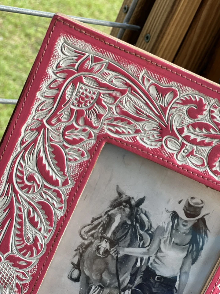 Marco de fotos Myra de cuero trabajado a mano 4x6 flor de cactus ☼Nuevo Foto 2 de 3