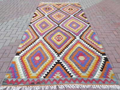 Turkish Kilim Area Rugs, Handmade Floor Carpet, Blue Wool Large Kelim 63''x133''
