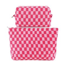 2Pcs Checkered Makeup Bag for Women Large Capacity Pink Cosmetic Bag Set Trav...