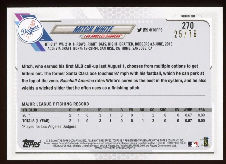 2021 Topps Series 1 - MITCH WHITE Rookie (RC) - Independence Day /76 - Image 2 of 2