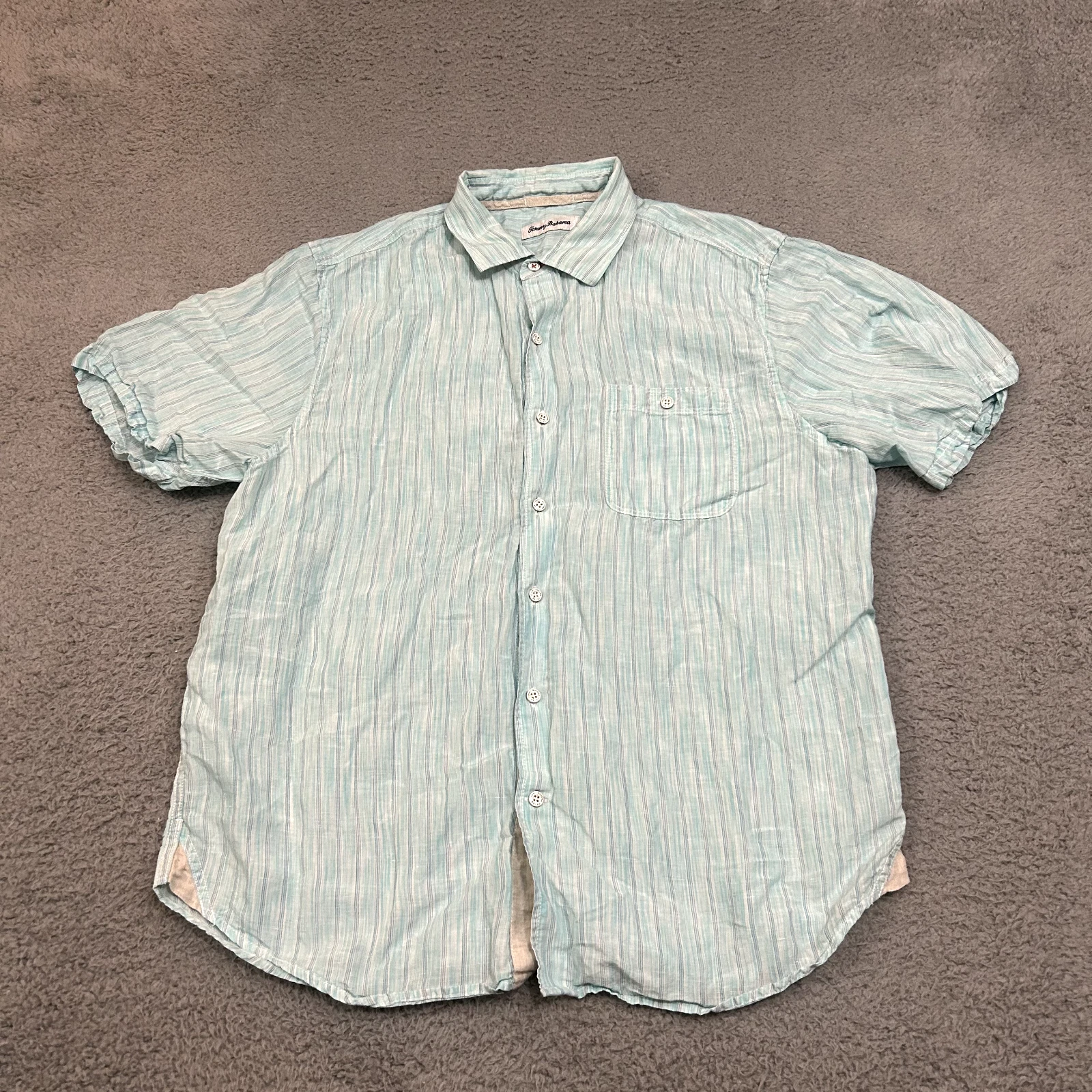 Tommy Bahama Shirt Mens Large Blue Striped Linen Lyocell Short Sleeve Button Up